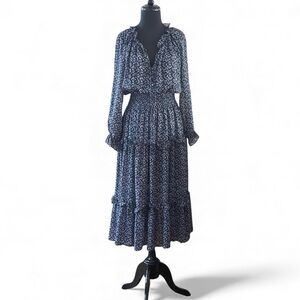 Senlis Navy Blue White Leaves Printed Maxi Dress Sz S Sheer Ruffles Layers Tiers